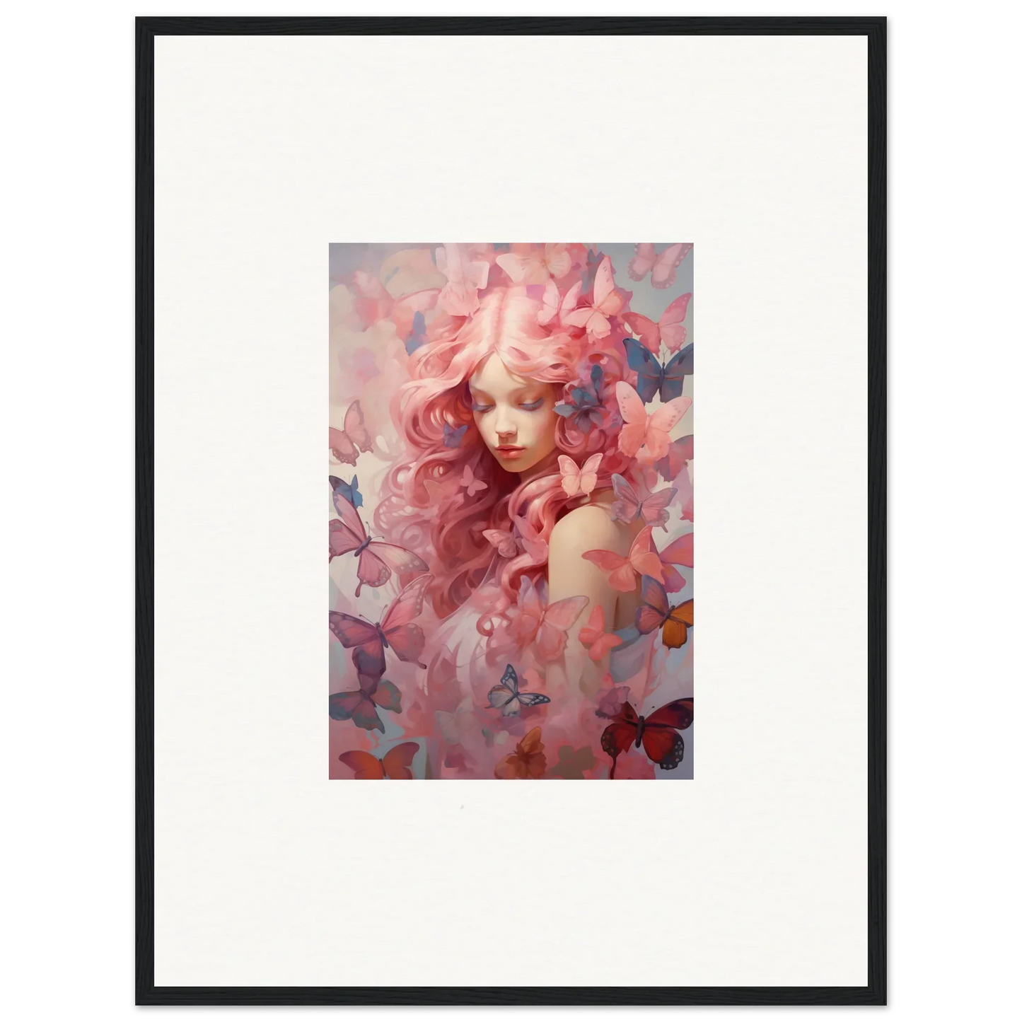 Framed wall art of a figure and pink purple butterflies for inspiring room decor