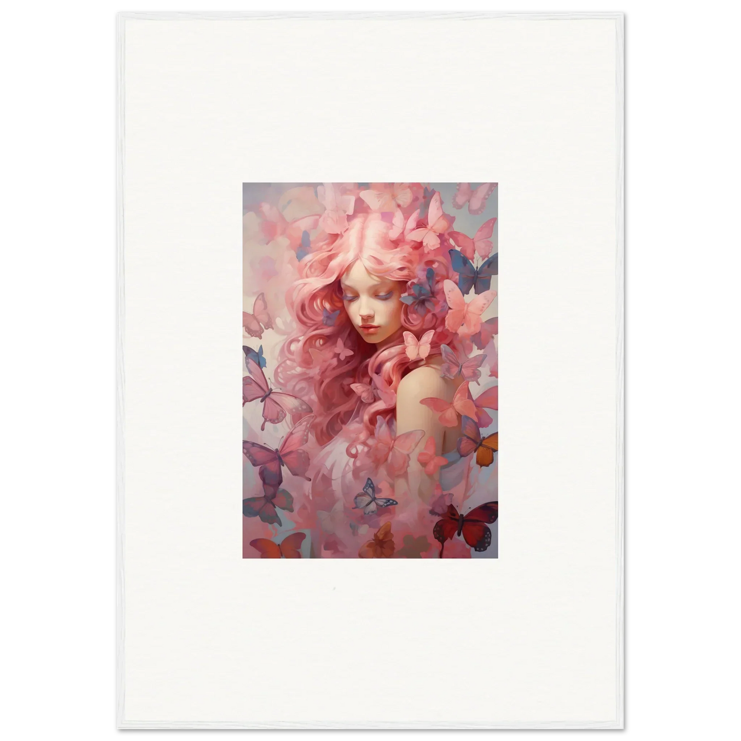 Framed wall art of a dreamy pink portrait with butterflies, perfect for room decor