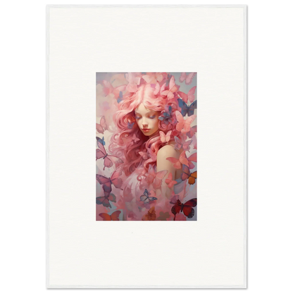 Framed wall art of a dreamy pink portrait with butterflies, perfect for room decor