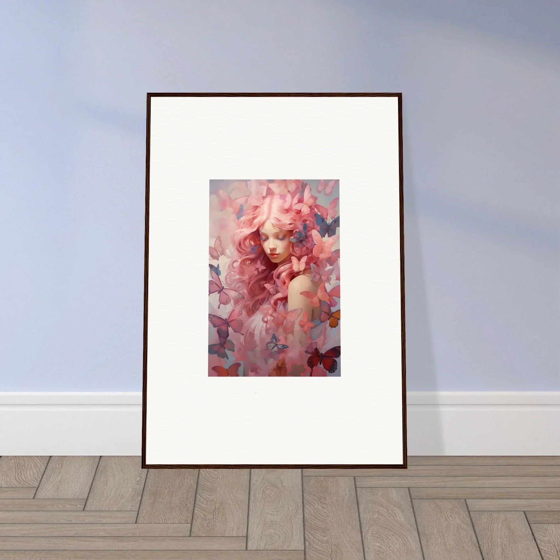 Framed wall art of a portrait with pink and red tones, perfect for room decor