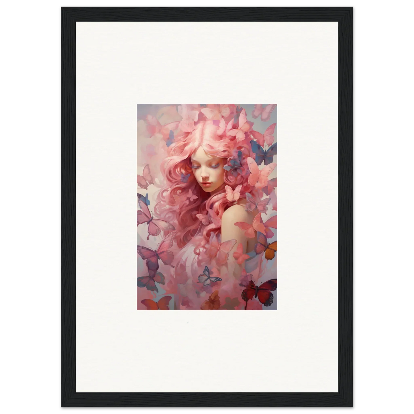 Framed wall art of dreamy portrait with pink tones and butterfly motifs for room decor