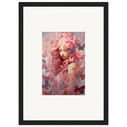 Framed wall art of dreamy portrait with pink tones and butterfly motifs for room decor