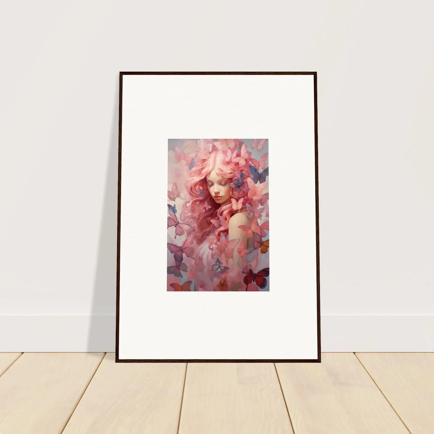 Framed wall art featuring dreamy portrait with swirling pink and red hues, Winds Arise