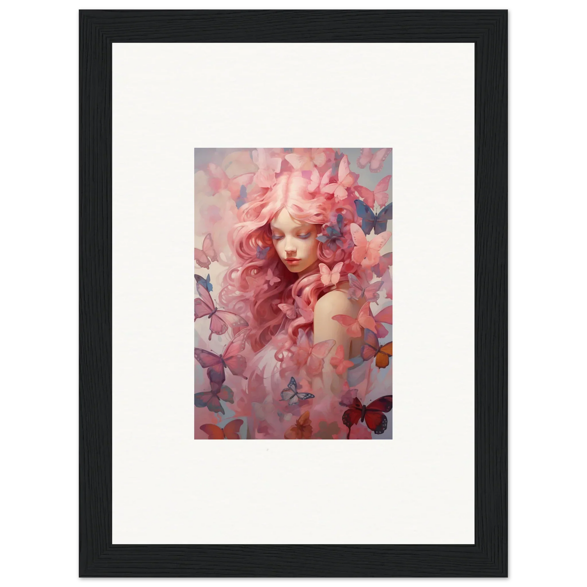 Framed wall art of dreamy portrait with pink tones, butterflies, and floral elements for room decor