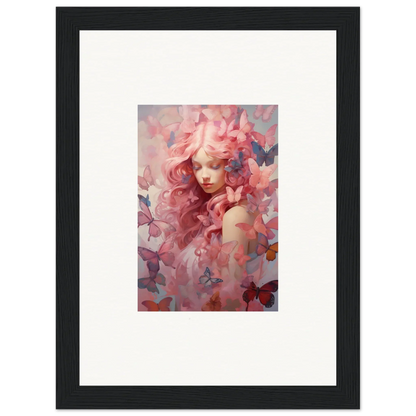 Framed wall art of dreamy portrait with pink tones, butterflies, and floral elements for room decor