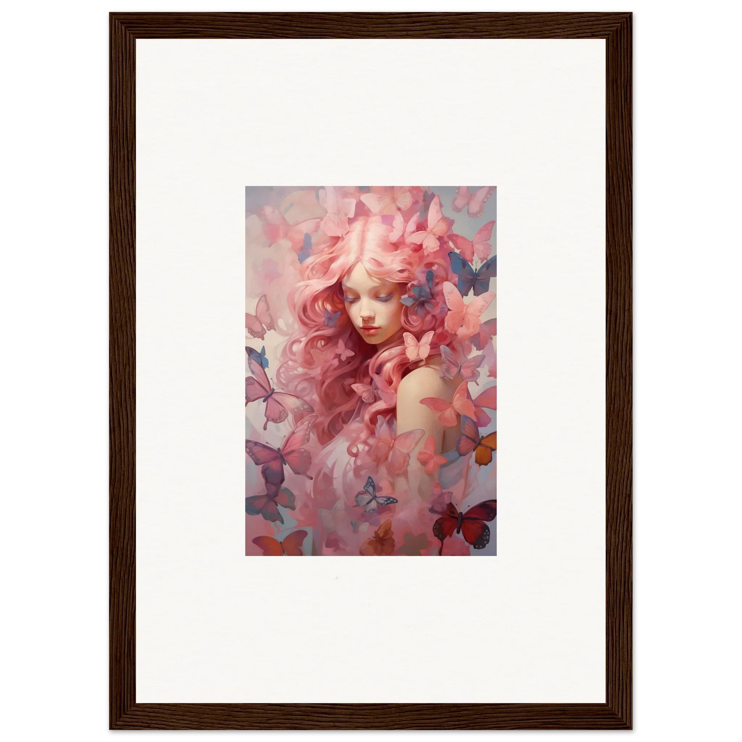 Framed wall art featuring dreamy pink portrait and butterfly motifs for room decor