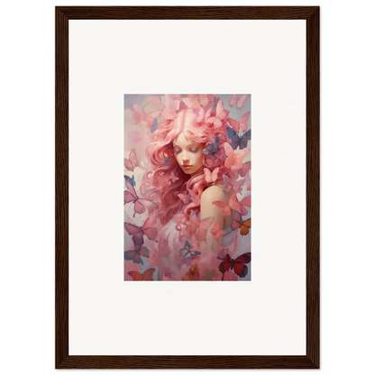 Framed wall art featuring dreamy pink portrait and butterfly motifs for room decor