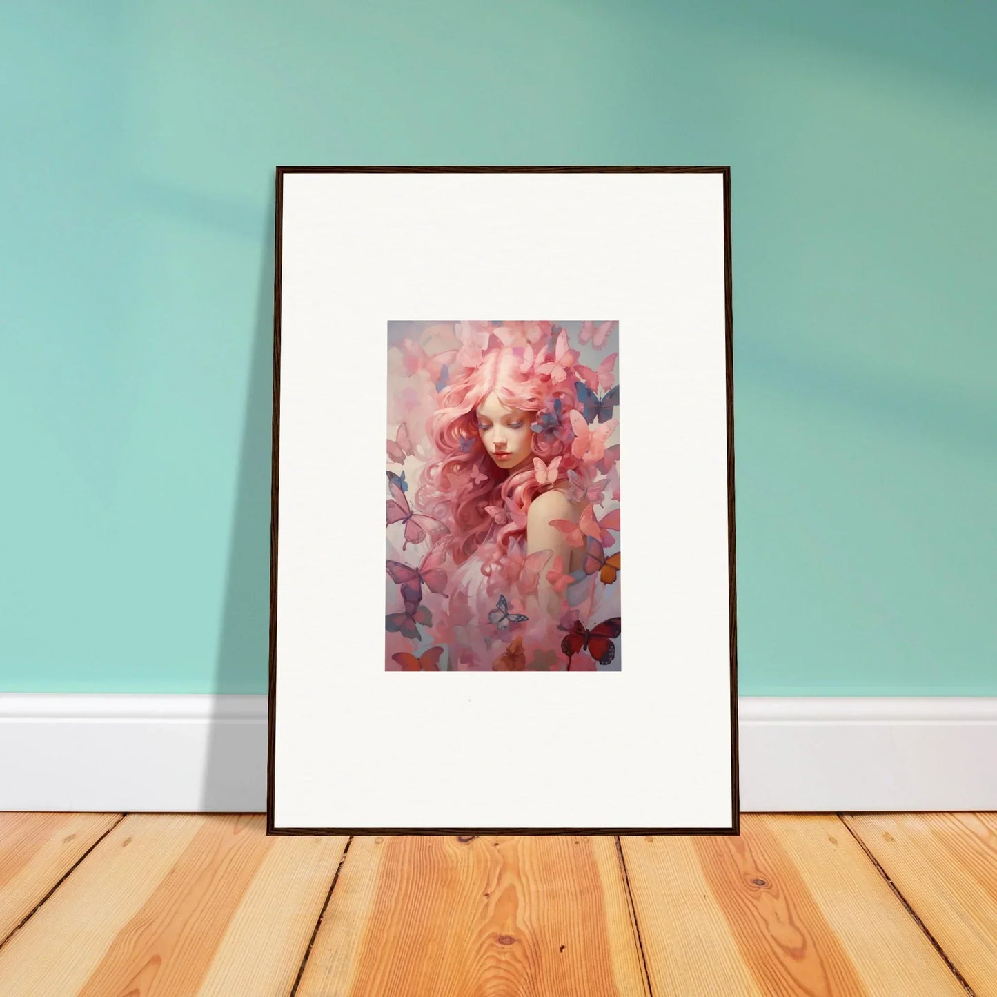 Framed wall art of a figure with pink hair and flowers, perfect for room decor