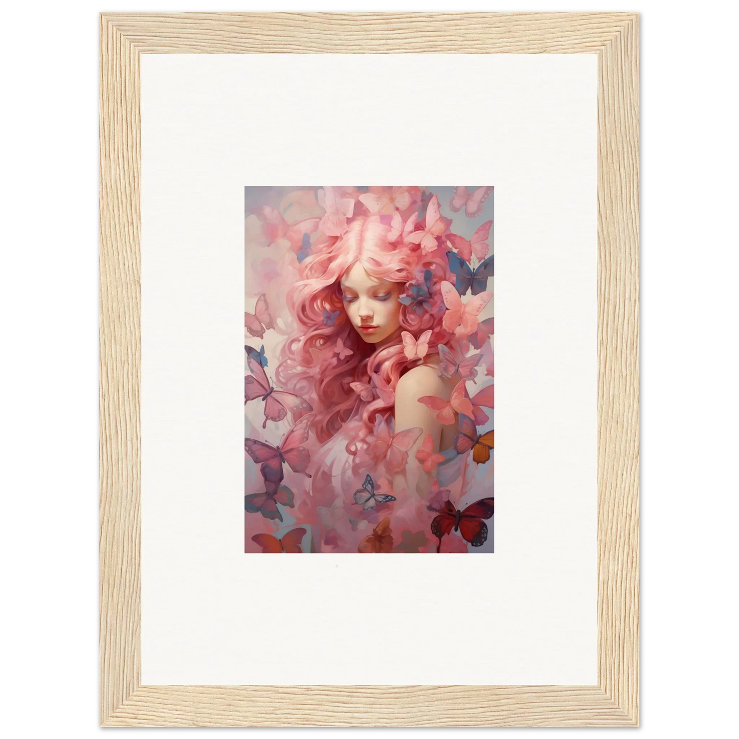 Framed wall art featuring a figure with pink flowers and butterflies, Winds Arise decor