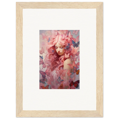 Framed wall art featuring a figure with pink flowers and butterflies, Winds Arise decor