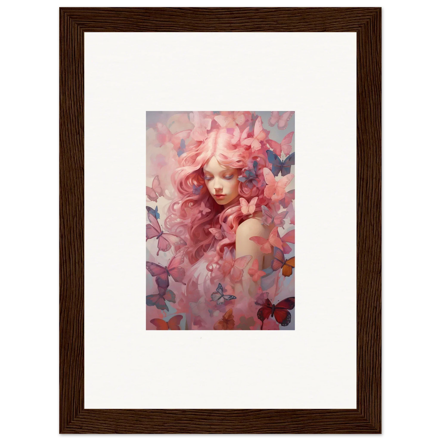 Framed wall art of a woman with pink hair and butterflies for enchanting room decor