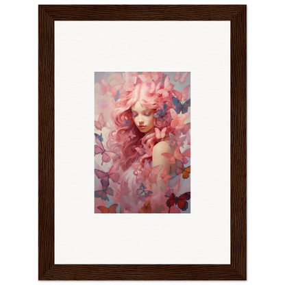 Framed wall art of a woman with pink hair and butterflies for enchanting room decor