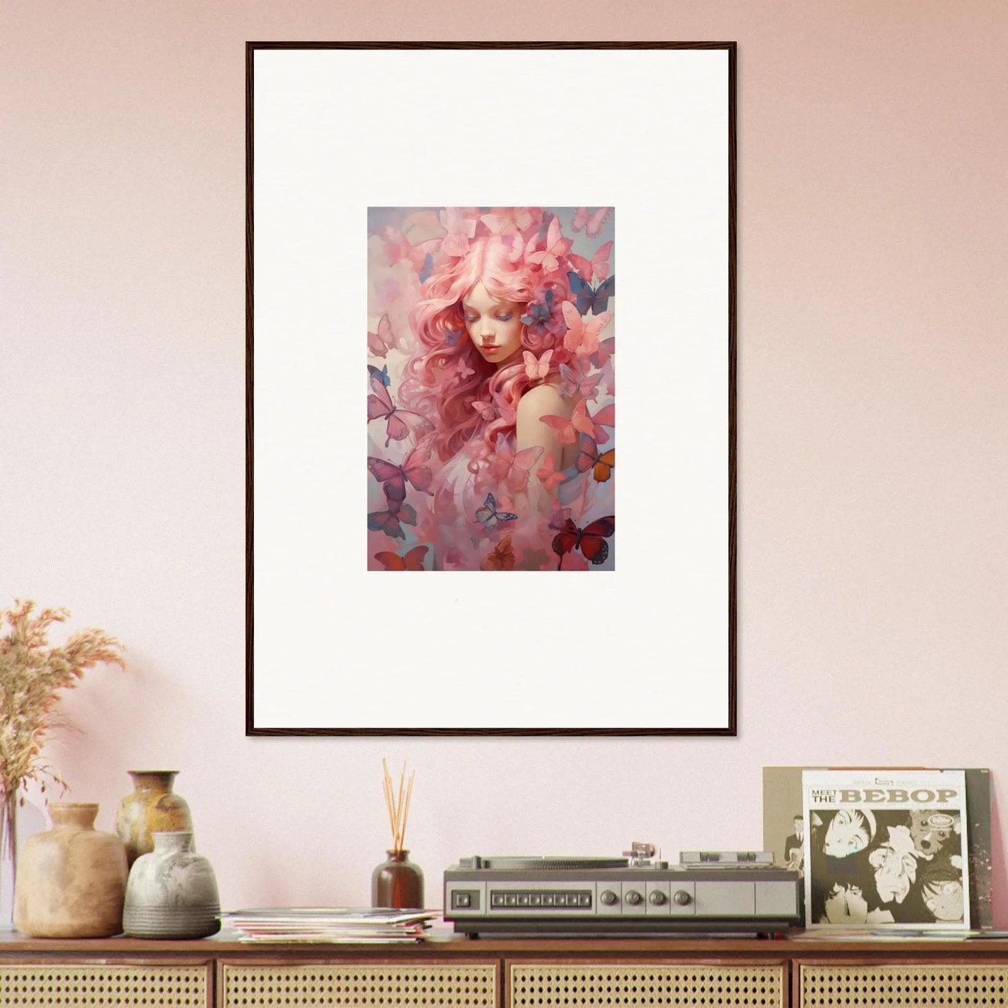 Framed wall art titled Petal Winds Arise featuring swirling pink and pastel hues for room decor