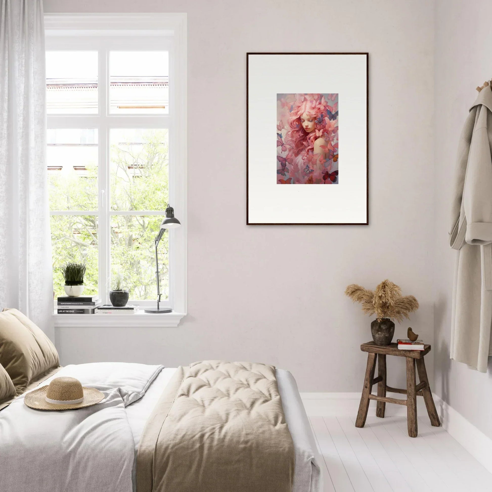 Cozy bedroom showcasing Framed Wall Art titled Petal Winds Arise for stylish room decor