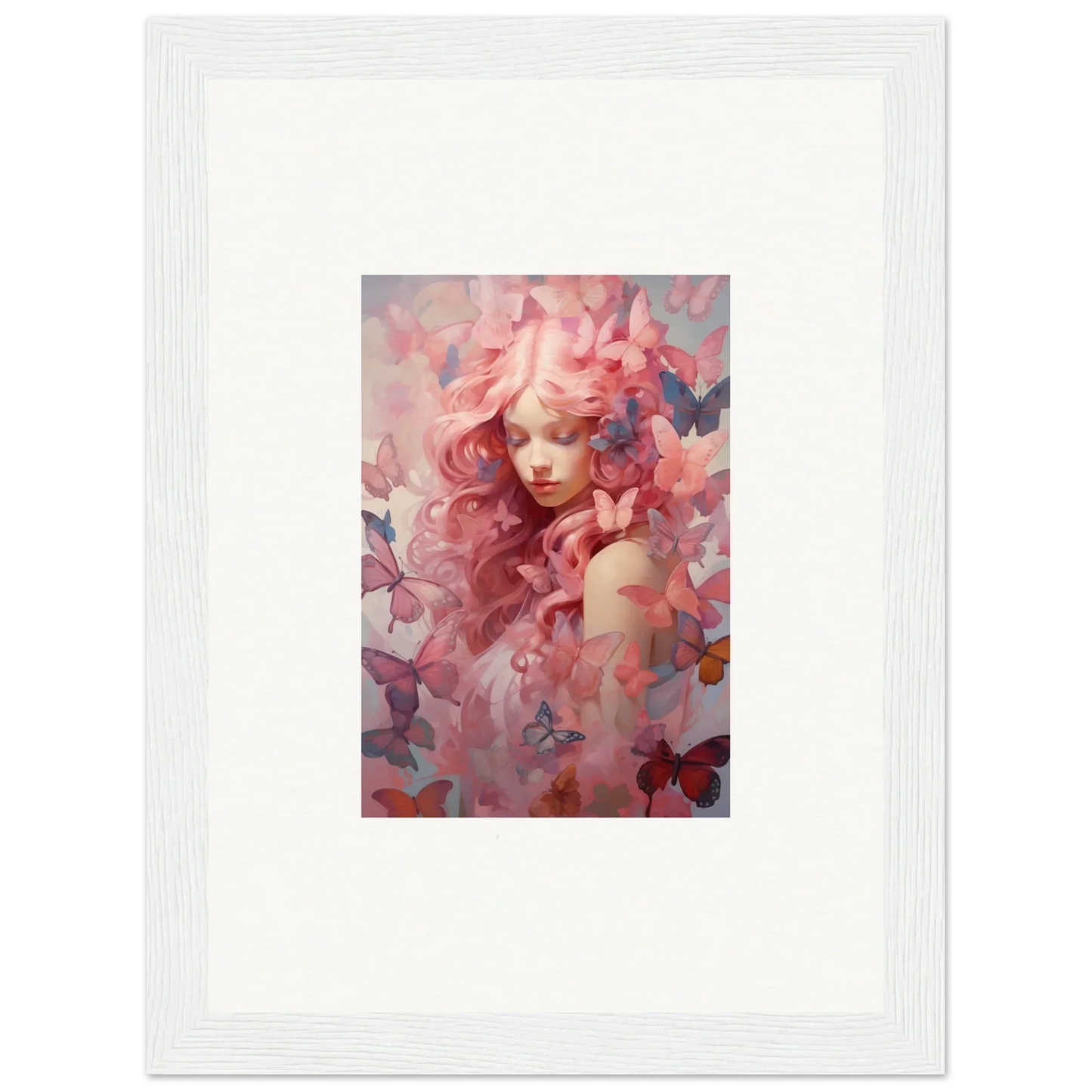 Framed wall art of a dreamy pink portrait with butterflies, perfect for room decor