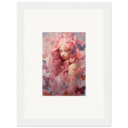 Framed wall art of a dreamy pink portrait with butterflies, perfect for room decor