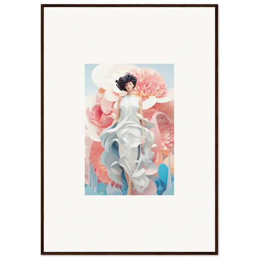 Framed canvas print of a woman in a flowing white dress, perfect for dreamy room decoration