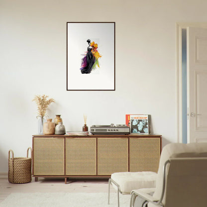 Rattan-fronted wooden credenza with Petaled Midnight Maiden decor and framed wall art