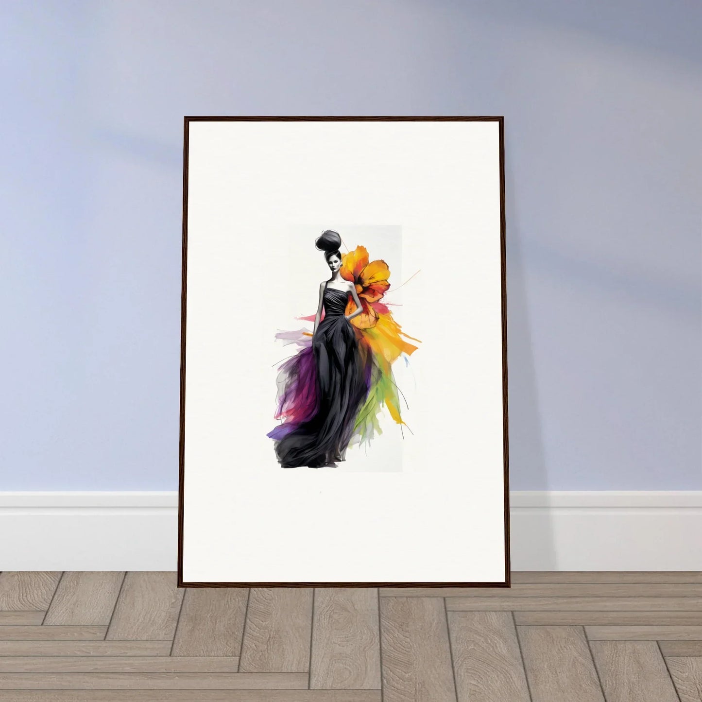 Framed wall art of Petaled Midnight Maiden with a figure in a flowing black dress