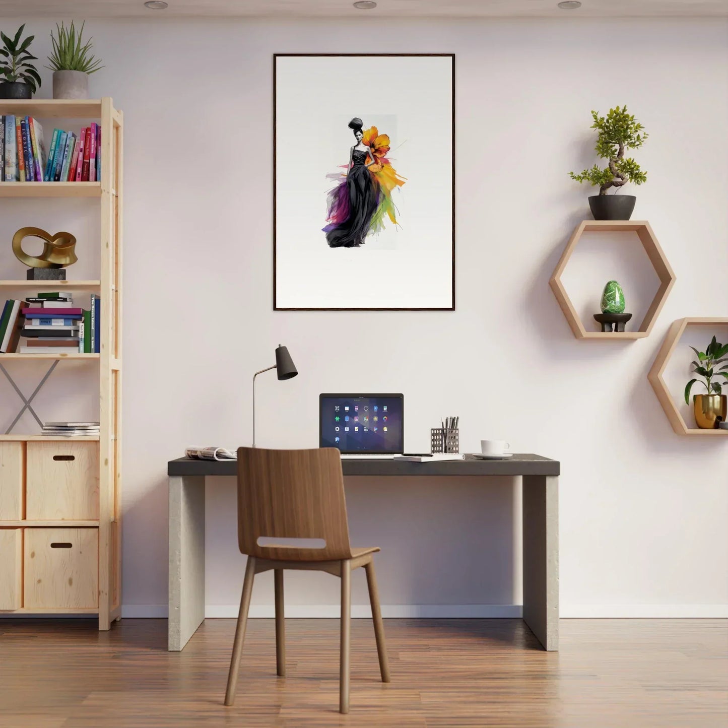 Modern home office with Petaled Midnight Maiden framed wall art and stylish decor