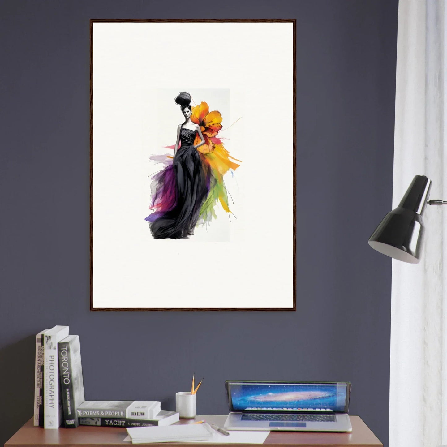 Watercolor artwork of Petaled Midnight Maiden in a flowing black dress with rainbow accents