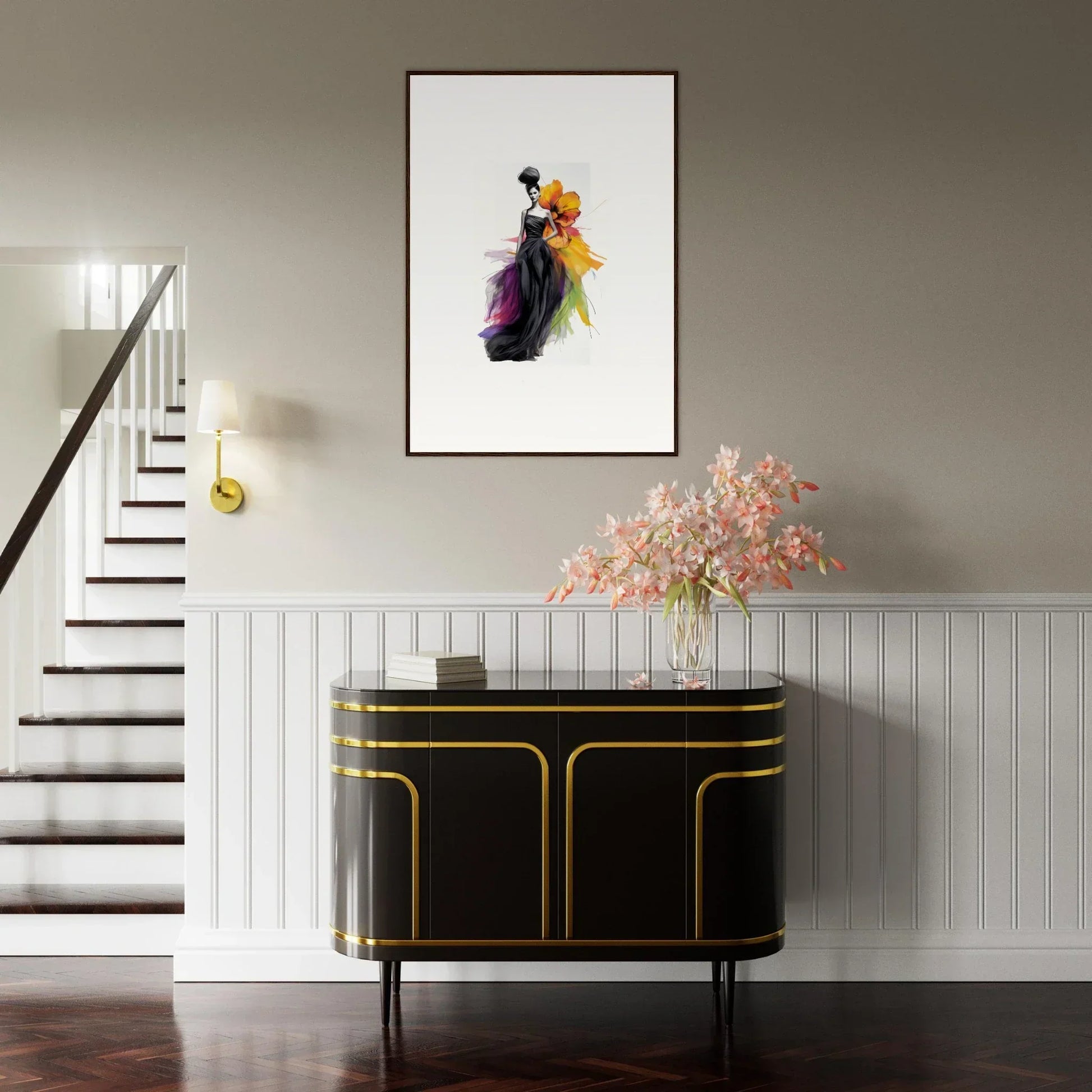 Elegant black and gold Art Deco sideboard, part of the Petaled Midnight Maiden collection