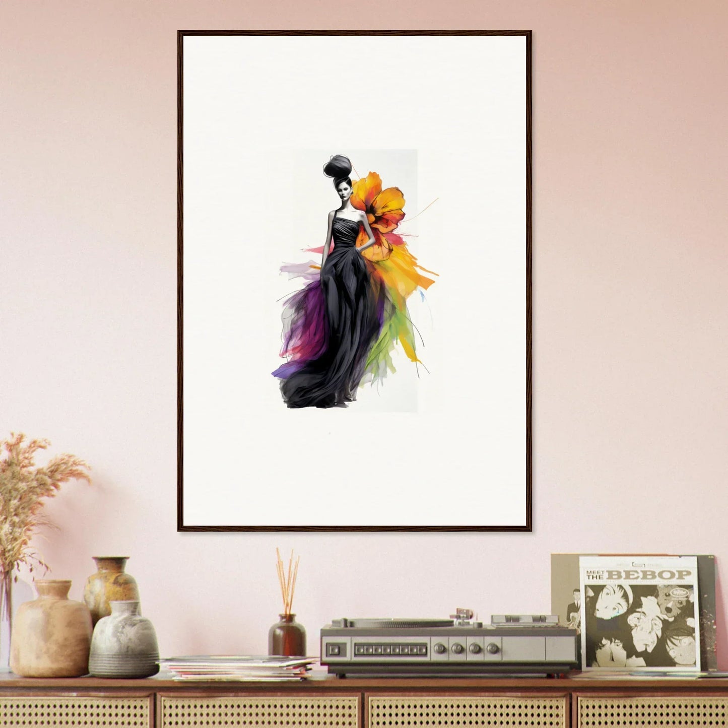 Watercolor painting of a flowing dress in black, purple, yellow for Petaled Midnight Maiden