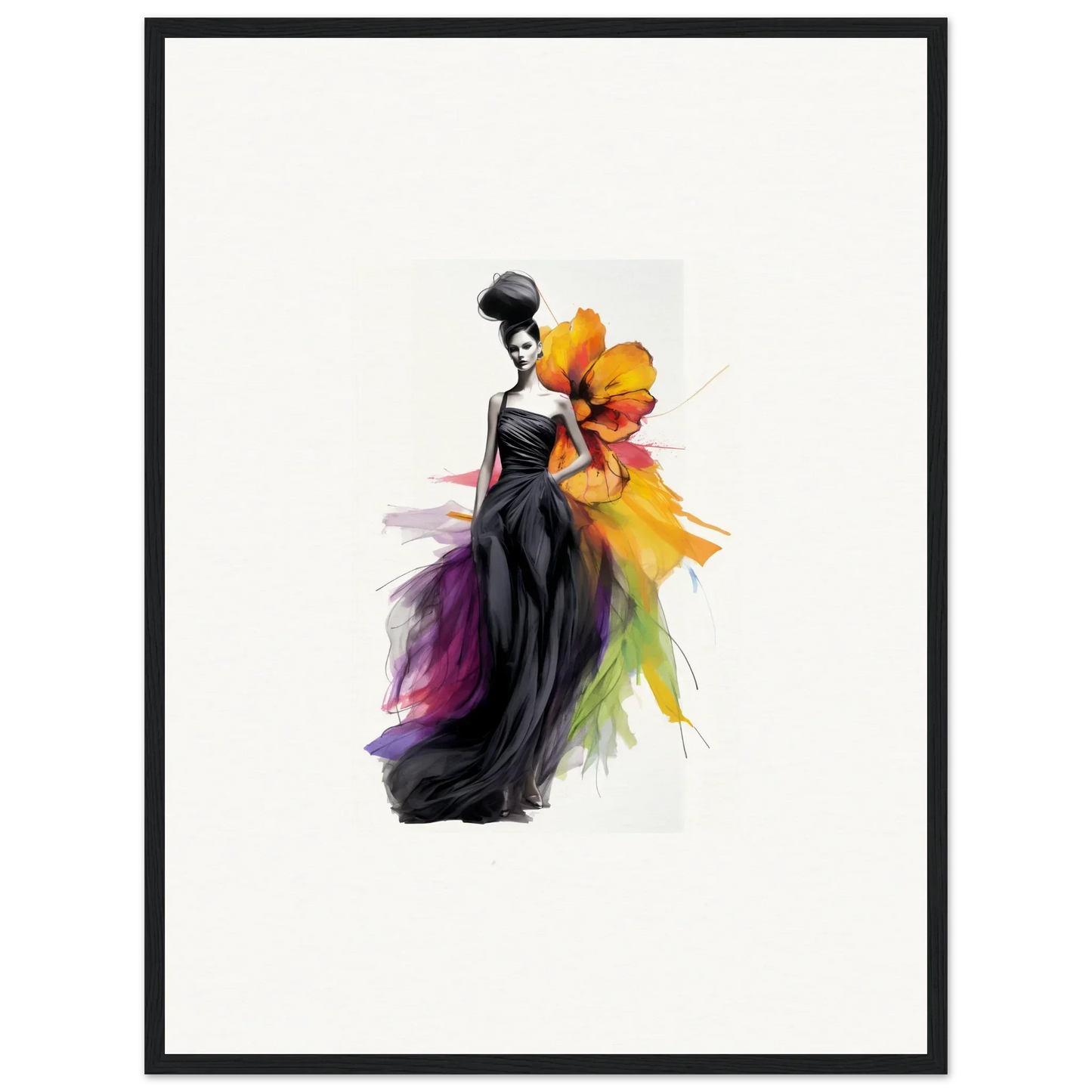 Elegant fashion illustration of Petaled Midnight Maiden framed wall art with vibrant gown accents