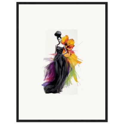 Elegant fashion illustration of Petaled Midnight Maiden framed wall art with vibrant gown accents