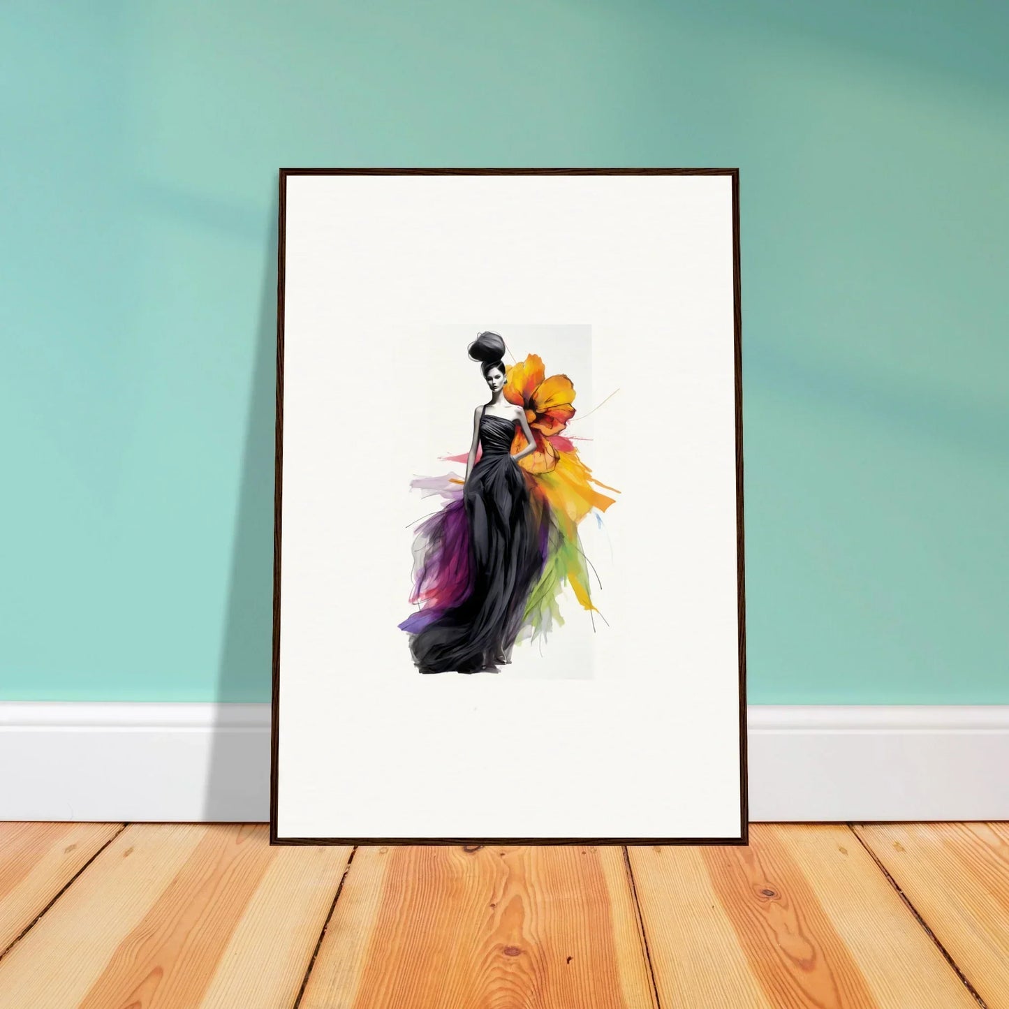 Framed watercolor art of the Petaled Midnight Maiden in a flowing black gown