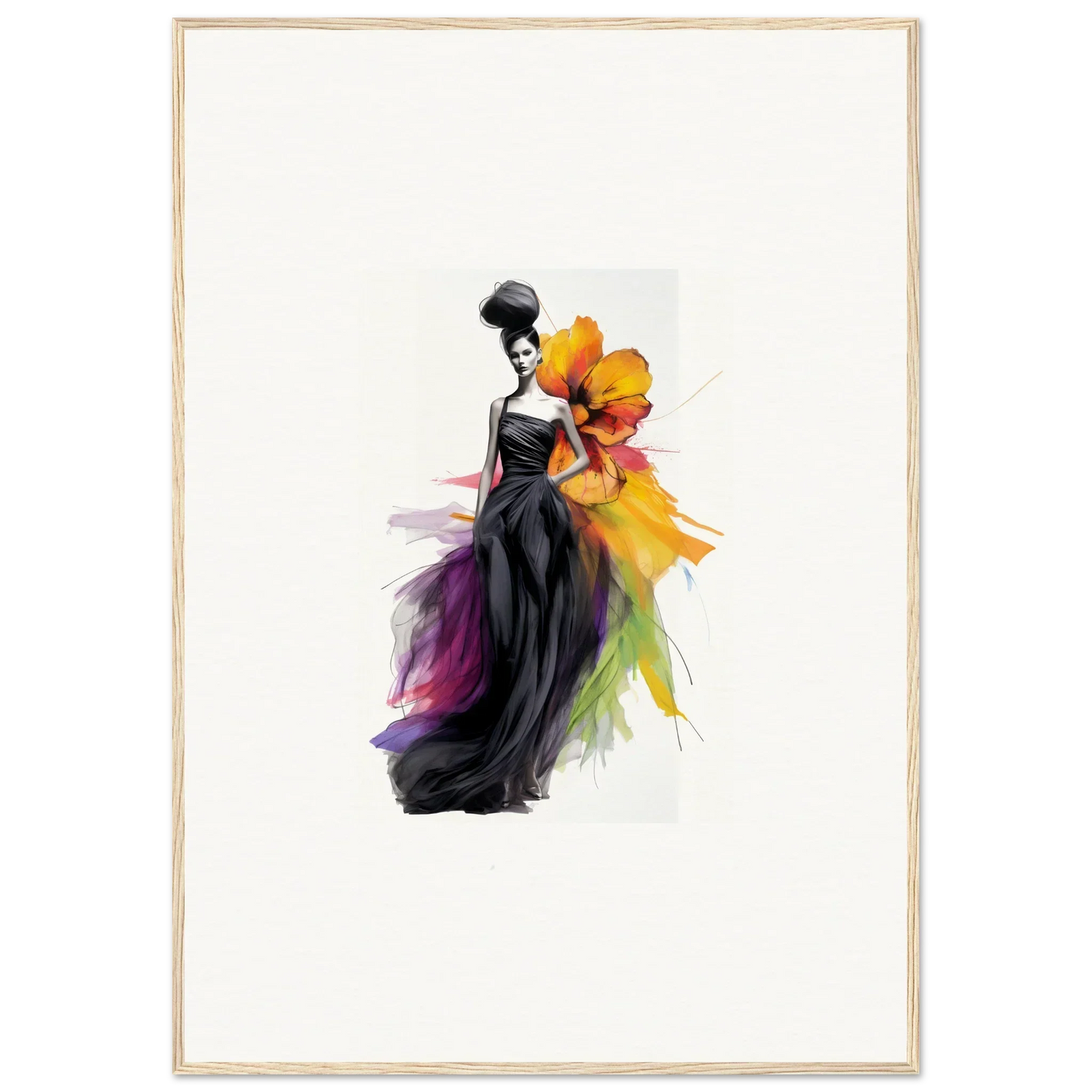 Elegant fashion illustration of Petaled Midnight Maiden, featuring a black gown with rainbow accents