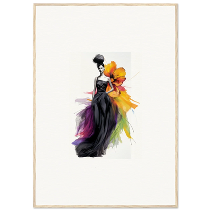 Elegant fashion illustration of Petaled Midnight Maiden, featuring a black gown with rainbow accents