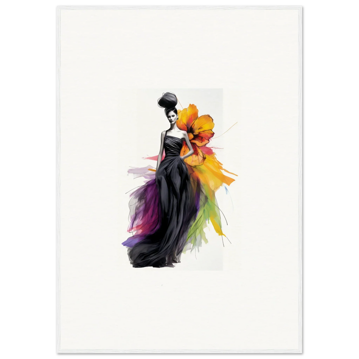 Elegant fashion illustration of the Petaled Midnight Maiden in a black gown with rainbow accents