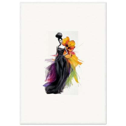 Elegant fashion illustration of the Petaled Midnight Maiden in a black gown with rainbow accents