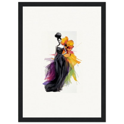 Elegant fashion illustration of Petaled Midnight Maiden with vibrant rainbow-colored fabric