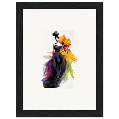 Elegant fashion illustration of Petaled Midnight Maiden in a black gown with rainbow accents