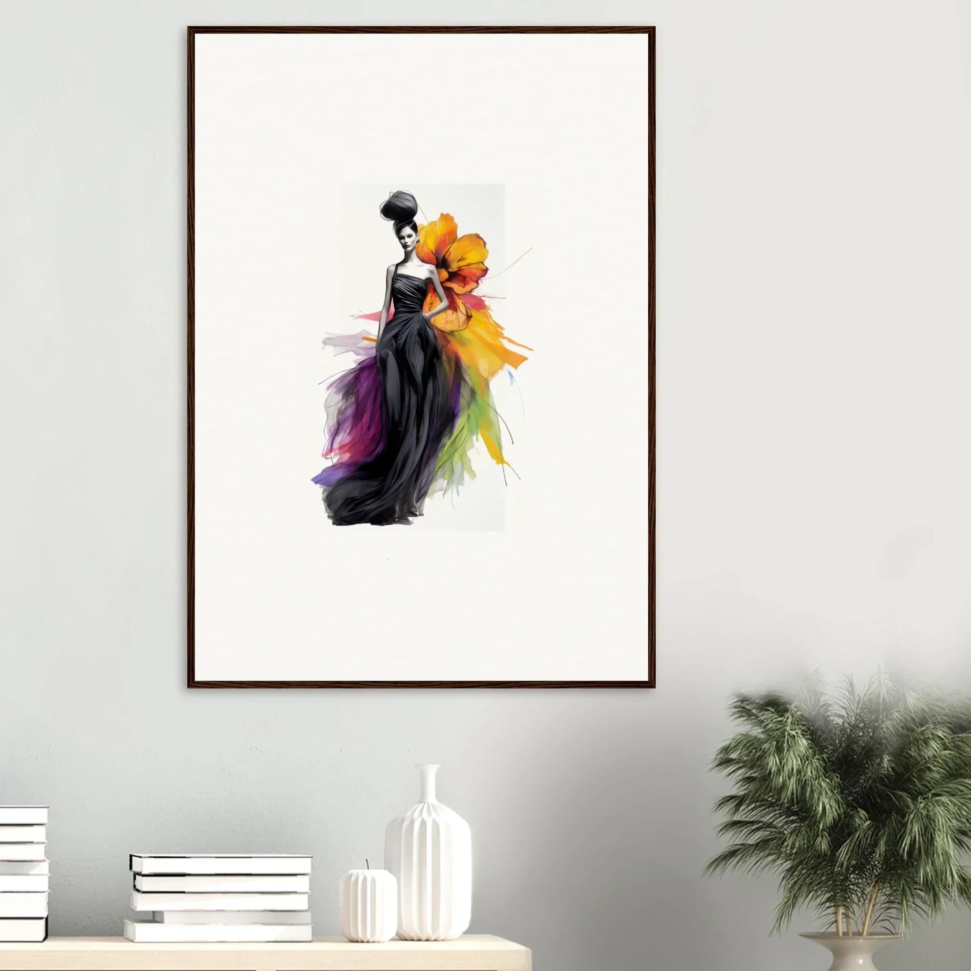 Watercolor fashion illustration of Petaled Midnight Maiden gown with rainbow accents