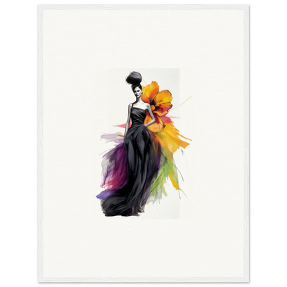 Elegant fashion illustration of Petaled Midnight Maiden in a black gown with rainbow accents