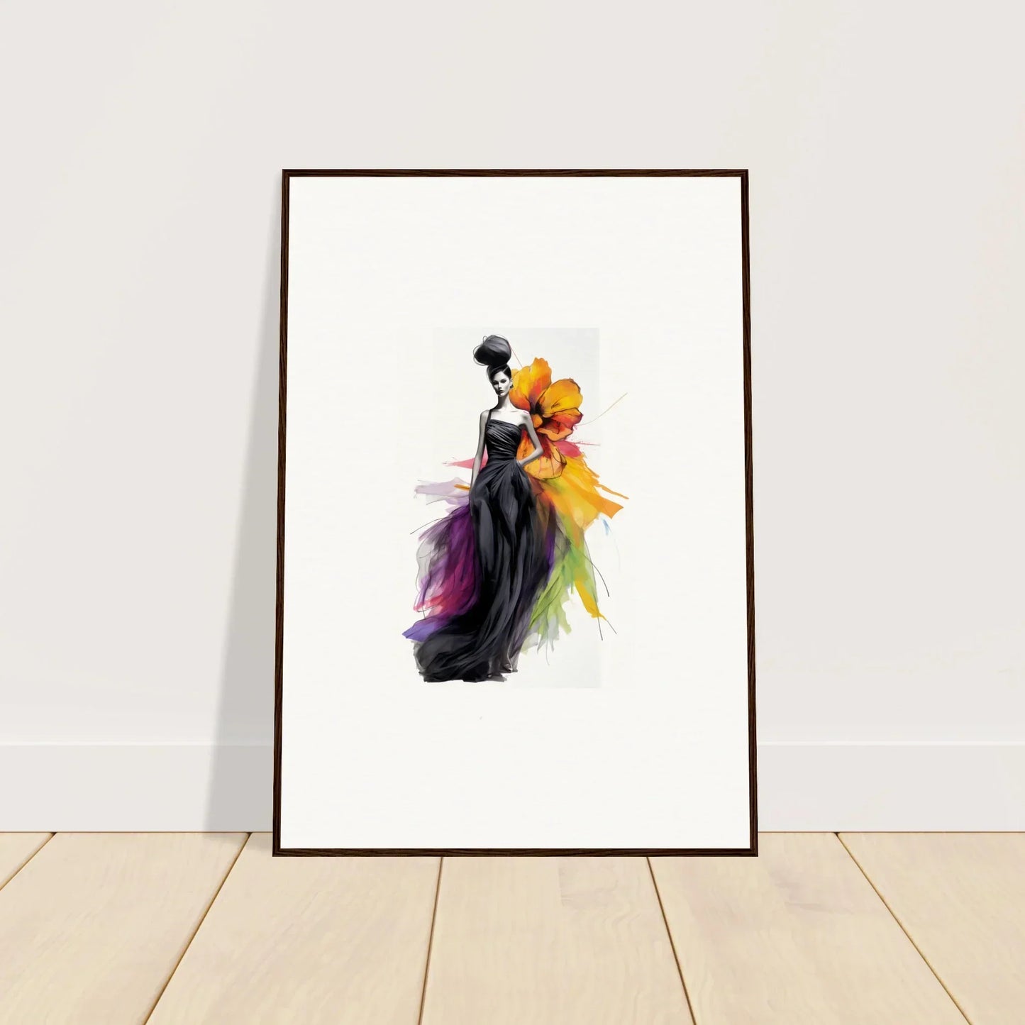 Elegant framed wall art of Petaled Midnight Maiden in a flowing black dress