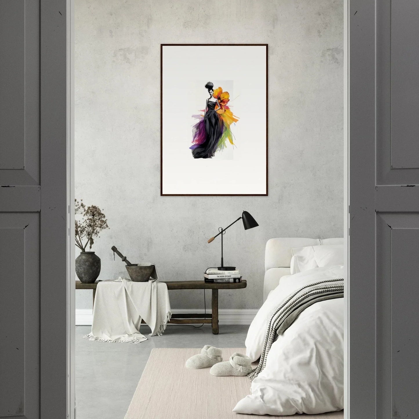 Framed wall art of Petaled Midnight Maiden with an abstract dancing figure in black and orange