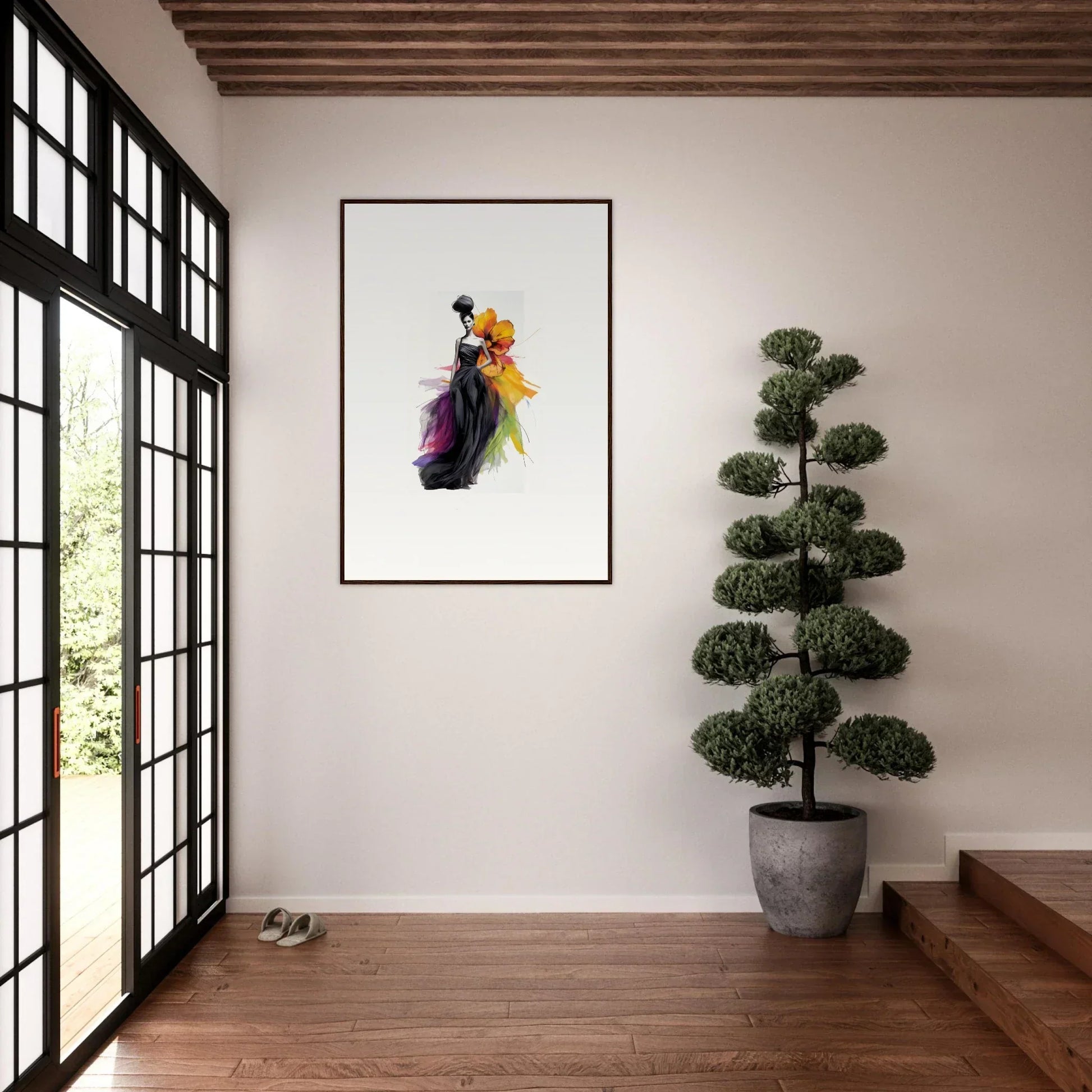 Framed wall art of Petaled Midnight Maiden with dark and yellow abstract watercolor strokes