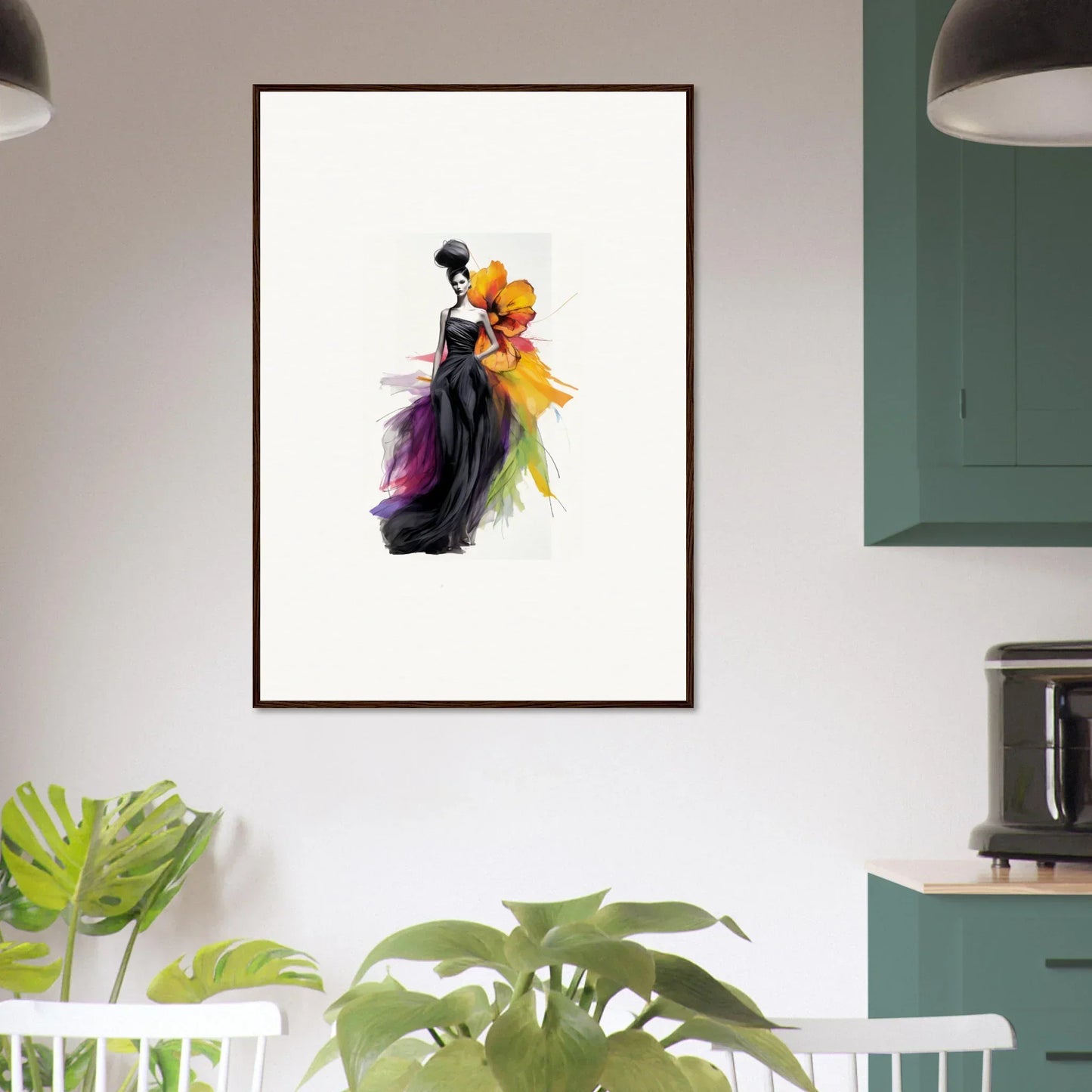 Framed watercolor art of a dancing couple in colorful attire, Petaled Midnight Maiden