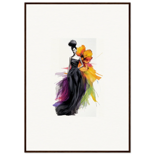 Elegant fashion illustration of Petaled Midnight Maiden with black gown and rainbow accents