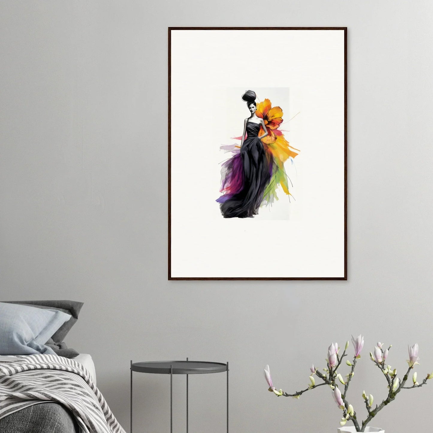 Watercolor fashion illustration of Petaled Midnight Maiden gown with vibrant accents