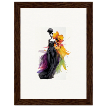 Watercolor fashion illustration of Petaled Midnight Maiden elegant black gown with vibrant accents