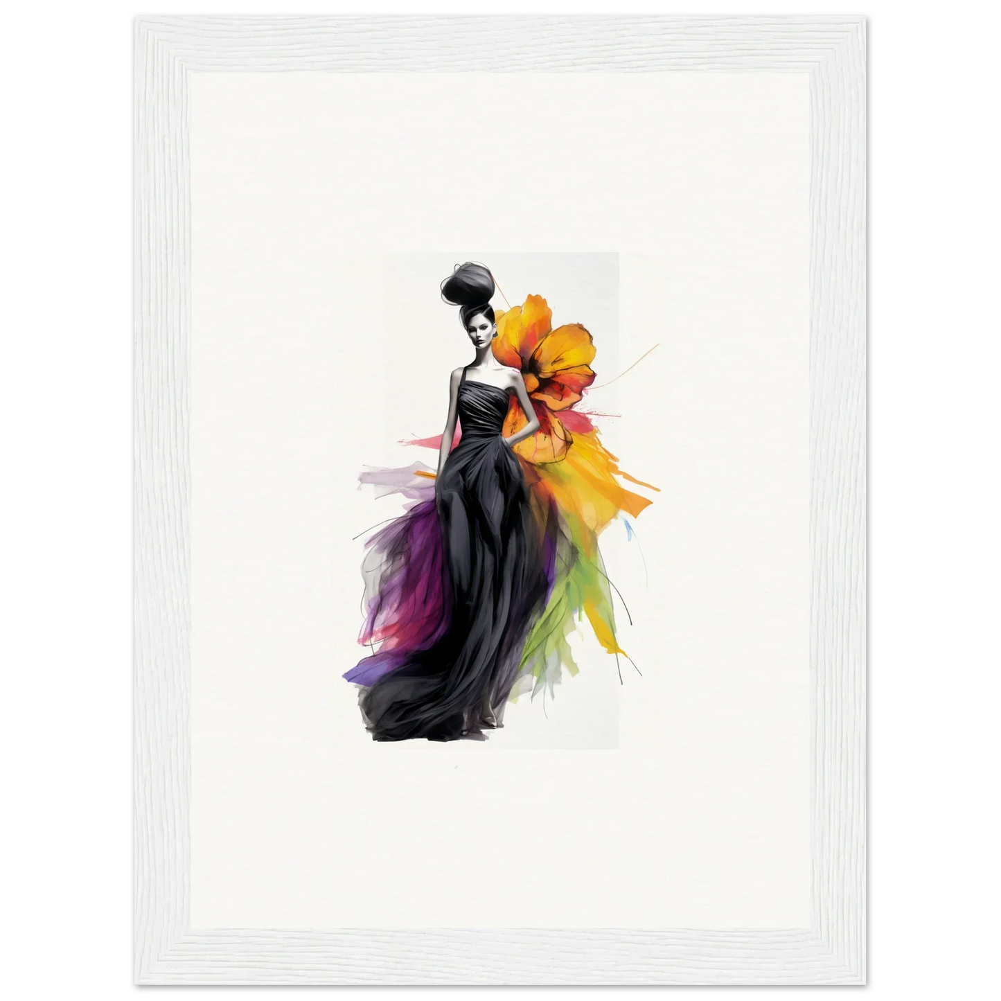 Elegant fashion illustration of Petaled Midnight Maiden with a black gown and rainbow details