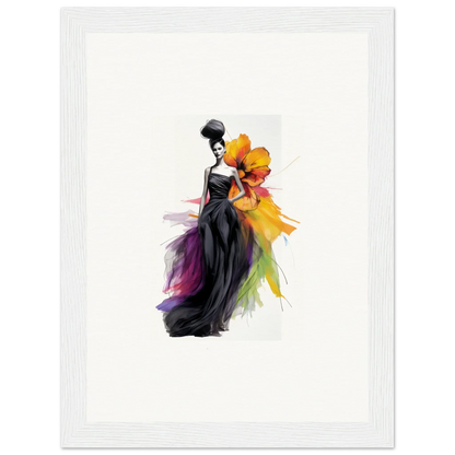 Elegant fashion illustration of Petaled Midnight Maiden with a black gown and rainbow details