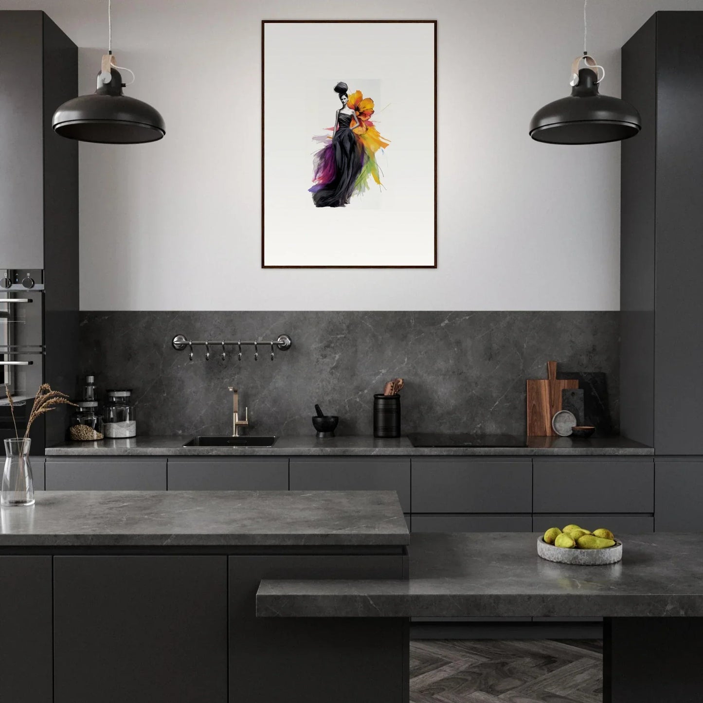 Modern dark gray kitchen featuring Petaled Midnight Maiden framed wall art focal point