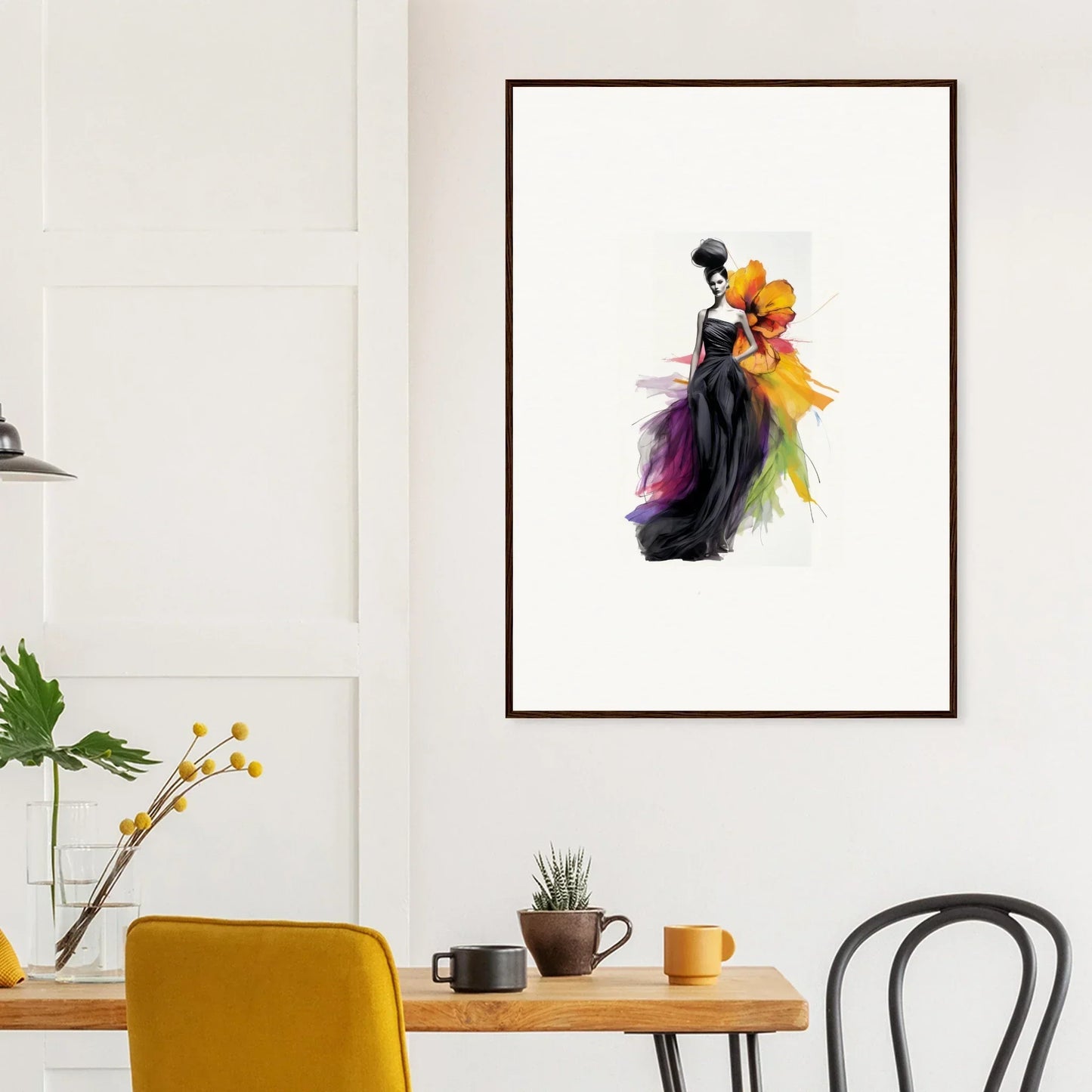 Framed wall art of Petaled Midnight Maiden in a stylish black and yellow dress