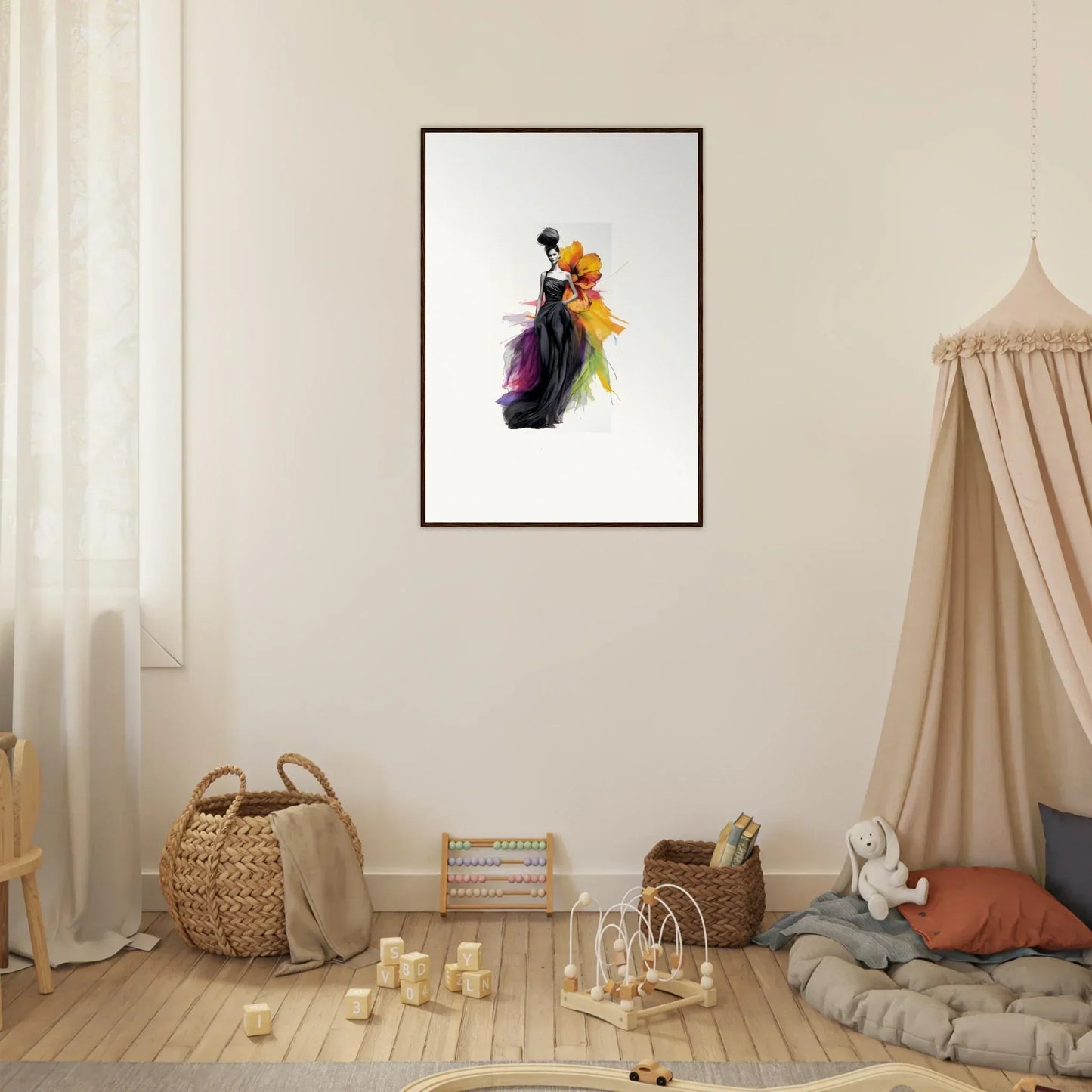 Framed wall art of Petaled Midnight Maiden, a flowing abstract figure in purple and yellow